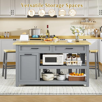 Kitchen Island with Storage and Seating Include 2 Bar Stools, Drawers, Grey | 47" Solid Rubberwood Top Kitchen Island with Trash Can Storage, Power Outlet, 6 Hooks, Coffee Bar Cabinet, Dining Table for 2 - color: Grey