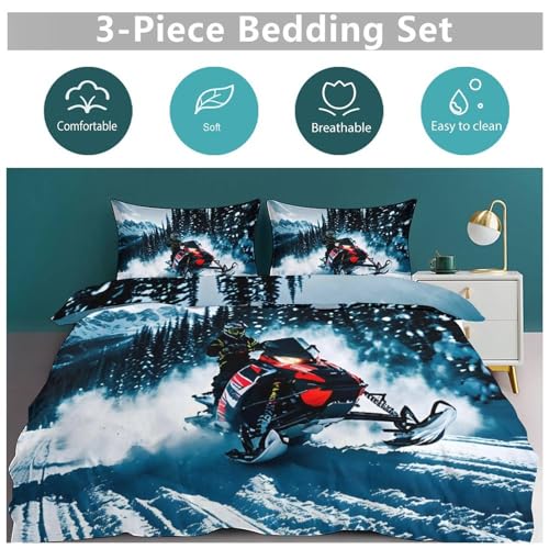 3 Piece Cool Snowmobile Bedding Set - Ultra Soft Fabric & Double-Sided Print, Breathable Comforter Set with 1 Quilt Cover & 2 Pillowcases for Home Hotel, 102"x90" - size: 102"x90"