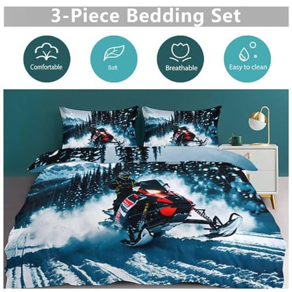 3 Piece Cool Snowmobile Bedding Set - Ultra Soft Fabric & Double-Sided Print, Breathable Comforter Set with 1 Quilt Cover & 2 Pillowcases for Home Hotel, 102"x90" - size: 102"x90"