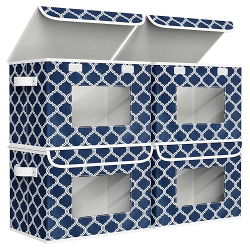 Univivi Fabric Foldable Storage Boxes with Lids, 4 Pack, Blue Lantern | 17 x 12 x 12 In Large Stackable Storage Bins with Lids, Closet Organizers and Storage Cube Basket for Home, Office, Bedroom - color: Blue Lantern