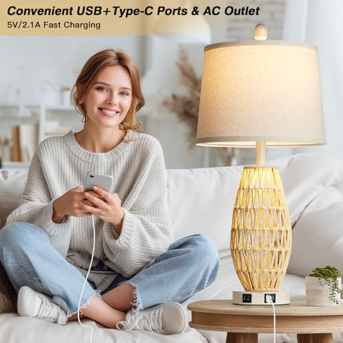 CINSARY 27“ Beige Rattan Table Lamps with Night Light, Boho Bedside Lamps Set of 2, Woven Wicker Bedroom Lamp for Nightstand with USB A+C Charging Port & AC Outlet, Tall Coastal Living Room Lamp - color: Beige