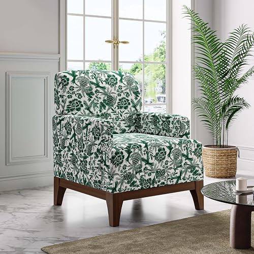 Floral Accent Chair, Upholstered Armchair with Solid Legs, Comfy Reading Single Sofa with Spring-Padded Cushion for Bedroom, Green - size: Wide Seat