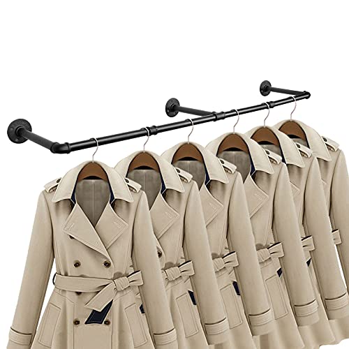 Industrial Iron Pipe Clothes Hanging Bar DIY Wall-Mounted Garment Rack Heavy Duty Clothing Rack for Bedroom, Laundry Room, Closet Storage (Black 50 inch) - color: Black, size: 50 Inch