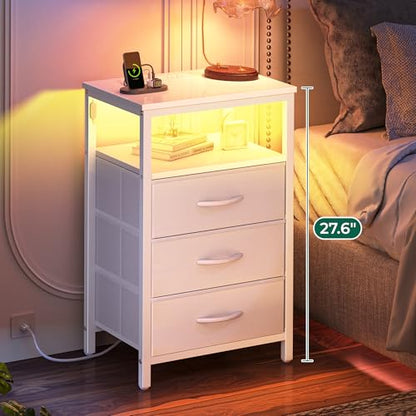 Huuger Night Stand with Charger Station and LED Lights, 3 Drawer Nightstand | Bed Side Table with Open ShelfEnd TableTall Fabric Dresser for Bedroom, PU Leather, White - color: White, size: 11.8"D x 15.7"W x 27.6"H（3 Drawers）