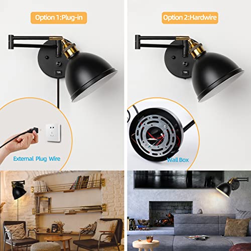 Swing Arm Wall Sconces, Plug-in Wall lamp,Bedroom Wall lamp ， White Fabric Shade，，with dimmable Switch and USB Charging Port, Suitable for Bedside, Living Room, Reading (Metallic Black) - color: Metallic black