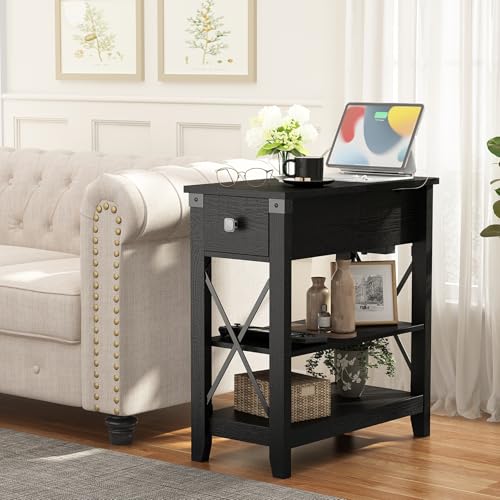 Awescuti Narrow End Table with Charging Station - Farmhouse Slim Side Table Set of 2, w/USB Ports Power Outlets, Nightstand w/Flip Top Storage Drawer, for Small Spaces Living Room Bedroom, Black - color: Black, size: Set