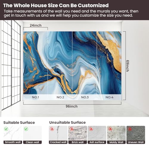 Peel and Stick Wallpaper Wall Murals Blue Marble Gold Abstract Marbling Natural Luxury Style Swirls Marble Self Adhesive Removable Canvas Wall Stickers for Living Room Kids Bedroom 69''x96'' - color: Multi2, size: 69x96inch