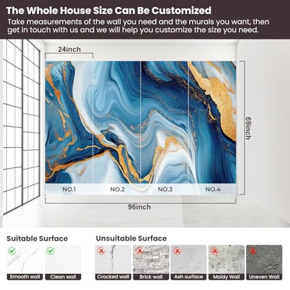 Peel and Stick Wallpaper Wall Murals Blue Marble Gold Abstract Marbling Natural Luxury Style Swirls Marble Self Adhesive Removable Canvas Wall Stickers for Living Room Kids Bedroom 69''x96'' - color: Multi2, size: 69x96inch