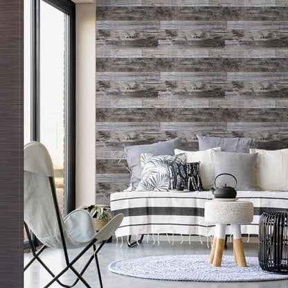 Yun-aeon Gray Wood Peel and Stick Wallpaper 17.3" X 80" Self Adhesive Wallpaper Backsplash Line Removable Wall Paper Bathroom Old Furniture Renovation Furniture - color: Natural Wood-Gray, size: 17.3" x 80"