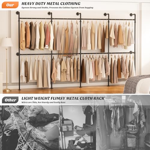 Aheaplus Industrial Pipe Clothing Rack, Reversible 13FT Clothes Rack for Hanging Clothes, Heavy Duty Garment Racks, Wall Mounted Closet Wardrobe, Corner L Shaped Walk-in Closet System, Black - size: 156.8 inches