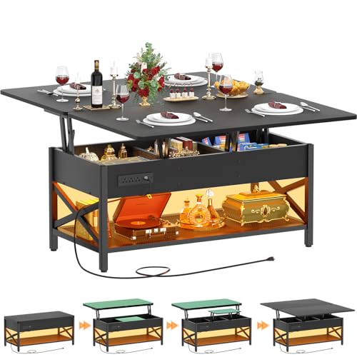 Aheaplus Lift Top Coffee Table with LED Light, Power Outlet & Shelves - Black - color: Black