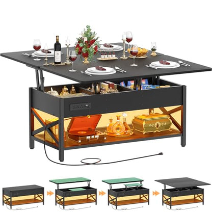 Aheaplus Lift Top Coffee Table with LED Light, Power Outlet & Shelves - Black - color: Black