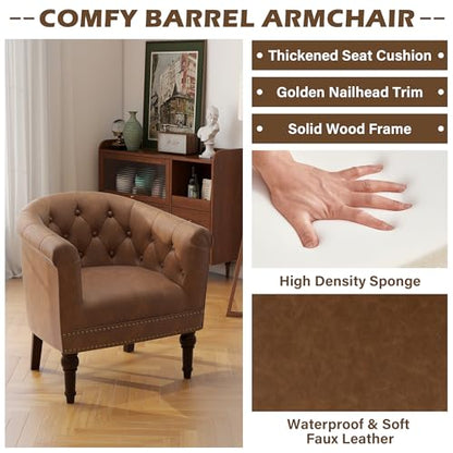 PU Leather Barrel Accent Chair, Modern Upholstered Club Chair, Brown | Comfy Living Room Chair, Nailed Trim Barrel Arm Chair Bedroom Reading Seat | 27"D x 30"W x 30"H - color: Tan
