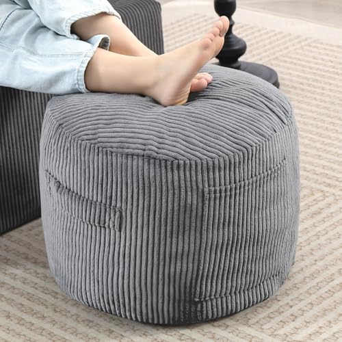 Round Stuffed Pouf Ottoman (Gray, 20" D x 20" W x 15" H) | Corduroy Foot Rest with Rebound Foam Filling, Furry and Fluffy Foot Stool Ottoman, Floor Poufs for Living Room - color: Grey, size: 20"D x 20"W x 15"H