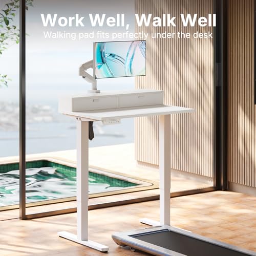 HUANUO 32" X 21" Electric Standing Desk with 2 Drawers, C-Clamp Mount Compatible, Height Adjustable Computer Desk, Home Office Stand Up Desk with 4 Preset Heights & 2 Hooks, White - color: White, size: 32" X 21"