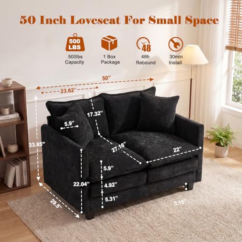 50'' Loveseat Sofa Set, Small Couch Set 2 Piece Cloud Love Seat with 27" Deep Seat Washable Chenille Pillows Couches for Small Spaces Apartment Living Room, Black - color: Black, size: 50"+50"