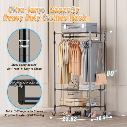 Homdox Heavy Duty Clothing Rack with 3 Tier Adjustable Wire Shelves, Garment Racks for Hanging Clothes, Double Rods Clothing Rack, Freestanding Closet Wardrobe with Side Hooks, Black - color: Black, size: 16.54"D x 23.62"W x 80.71"H