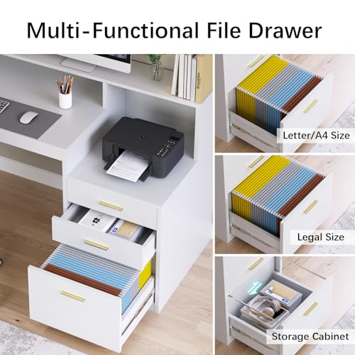 65" White Computer Desk with 3 Drawers & Printer Shelf for Home Office | White Desk with Printer Shelf & File Drawer, Executive Desk Writing Study Table with Monitor Stand, Storage Cabinet - color: White
