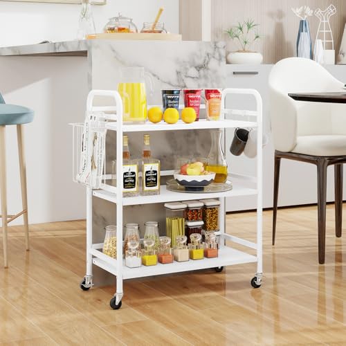 HDANI 3 Tier Metal Rolling Utility Cart,High Capacity Multi Purpose Heavy Duty Cart for Office,Kitchen,Living Room,Bedroom,White - color: White, size: Large Solid with Basket