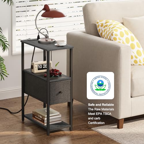 TUTOTAK Small Narrow End Table with Charging Station, Set of 2 | Side Table with Outlets, Nightstand with Cloth Drawer, Couch Table for Living Room, Bedroom, Bedside, Charcoal Grey TB01BY058 - color: Charcoal Grey, style: 1 Drawer & Plug