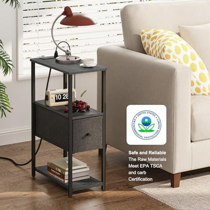 TUTOTAK Small Narrow End Table with Charging Station, Set of 2 | Side Table with Outlets, Nightstand with Cloth Drawer, Couch Table for Living Room, Bedroom, Bedside, Charcoal Grey TB01BY058 - color: Charcoal Grey, style: 1 Drawer & Plug