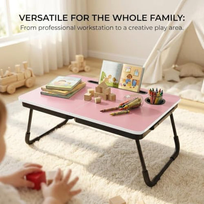 BUYIFY 23.4" Foldable Lap Desk Bed Table with Cup Holder Portable Tray | Folds Flat for Easy Storage, No Assembly Laptop Bed Desk, Sturdy and Lightweight, Patent Design,Pink - color: Pink
