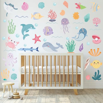 AOWDIAO 58 Pcs Ocean Animals Wall Decals - Peel and Stick Under the Sea Kids’ Room & Nursery Decor - style: Ocean Animals