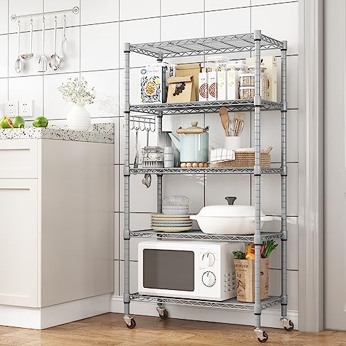 Homdox 5 Tier Adjustable Rolling Storage Shelves, Heavy Duty Wire Racks and Shelving, Metal Shelves for with Side Hooks Pantry Closet Kitchen Garage Organization, Silver Gray - color: Silver, size: 29.92*13.78*62.20 inch