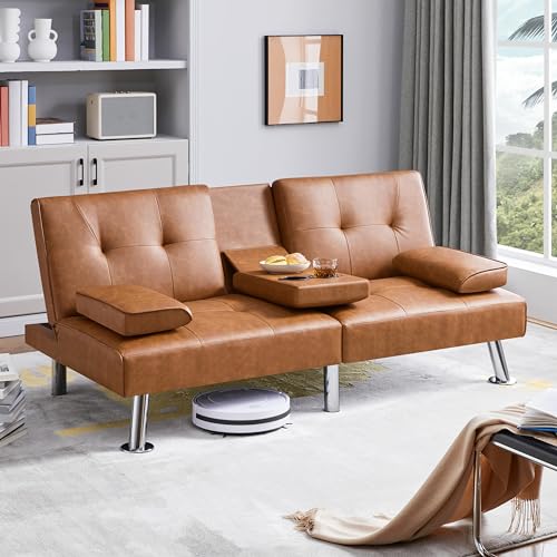 Yaheetech Convertible Futon Sofa Bed Loveseat with Cup Holder, Brown | 3 Angles Sofa, Recliner Chair, Bed, Compact Faux Leather Love Seat for Living Room, Guest Room, Dorm, Small Apartment - color: Brown