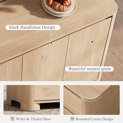 YANSNWO 59" Sideboard Buffet Cabinet with Rounded Corner, Natural Oak(1PCS) | 2-Tier Storage, Adjustable Shelves, 2"H × 6.3"D Sturdy Cylindrical Base, Handleless, Modern for Kitchen/Living Room/Hallway
