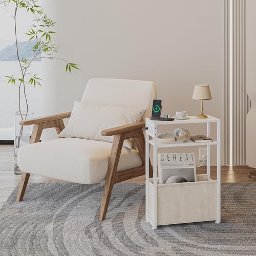 Leomonio White Side Table with Charging Station, Slim End Tables with Linen Basket, Skinny Table for Small Spaces, Thin Bedside Table for Living Room, Bedroom - color: White + Camel Brown - Outlet