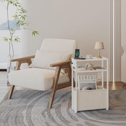 Leomonio White Side Table with Charging Station, Slim End Tables with Linen Basket, Skinny Table for Small Spaces, Thin Bedside Table for Living Room, Bedroom - color: White + Camel Brown - Outlet