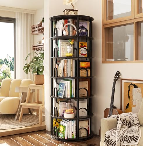 Aheaplus 6 Tier Rotating Bookshelf Tower, Revolving Bookcase, 360° Round Spinning Book Shelf, Narrow Swivel Bookshelves Vertical Rolling Turning Corner Bookshelf Organizer for Small Space, Black - color: Black, size: 6 Tier, 71" H