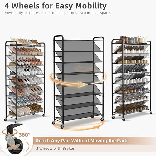 STORAGE MANIAC Tall Shoe Rack, 8 Tiers Shoe Organizer with Lockable Wheels for Entryway, Closet, Hallway, Double-Sided Vinyl Mesh Shelf Shoe Storage, Holds 60 Paris, Black