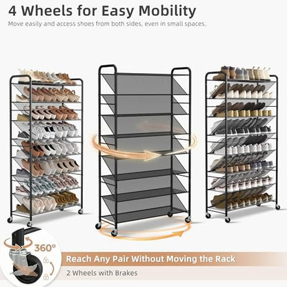 STORAGE MANIAC Tall Shoe Rack, 8 Tiers Shoe Organizer with Lockable Wheels for Entryway, Closet, Hallway, Double-Sided Vinyl Mesh Shelf Shoe Storage, Holds 60 Paris, Black