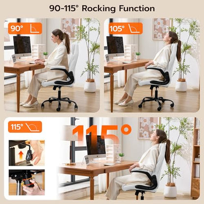 Ylzyxal Office Desk Chair, Ergonomic Computer Chair with Padded Flip-Up Arms and Adjustable Lumbar Support, PU Leather Executive Chair with Tilt Lock and 360° Swivel Rolling Wheels for Work, Study - color: White