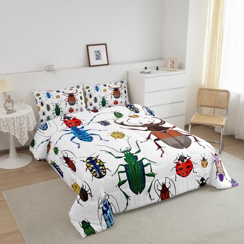 Feelyou Kids Bug Comforter Full Boys Flying Bugs Pattern Comforter Set for Girls Children Colorful Beetle Collection Decor Bedding Set Soft Lightweight Nature Animal Bed Set 1 Comforter 2 Pillow Case - color: Multi 026, size: Full