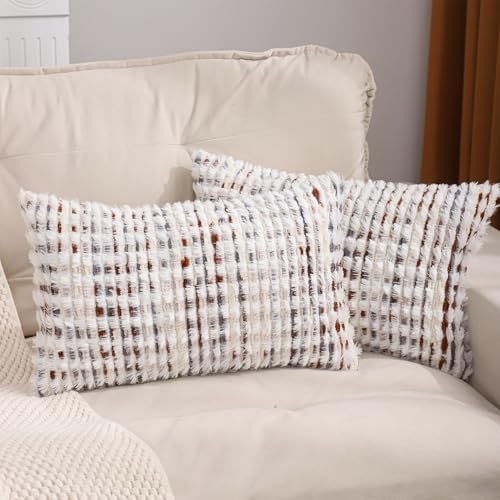 LUOYEHK Boho Throw Pillow Covers 12x20 Inch Set of 2 Farmhouse Neutral Pillow Covers Chenille Tufted Pillowcase for Couch Sofa Bed Living Room, Brown White - color: Brown White, size: 20" x 12" (Pack of 2)