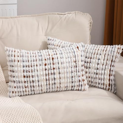 LUOYEHK Boho Throw Pillow Covers 12x20 Inch Set of 2 Farmhouse Neutral Pillow Covers Chenille Tufted Pillowcase for Couch Sofa Bed Living Room, Brown White - color: Brown White, size: 20" x 12" (Pack of 2)