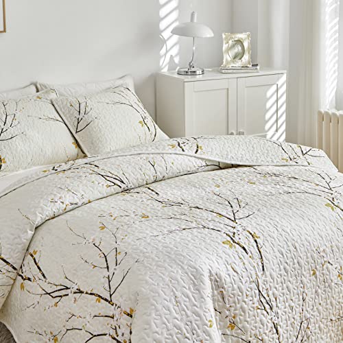 Quilt Set Queen Size Cream White with Black Branch Bedding Set 88x88 Soft Microfiber Lightweight Coverlet Bedspread Summer 3 Pc Bed Cover for (1 Quilt+ 2 Shams) - color: Cream, size: Queen(88x88)