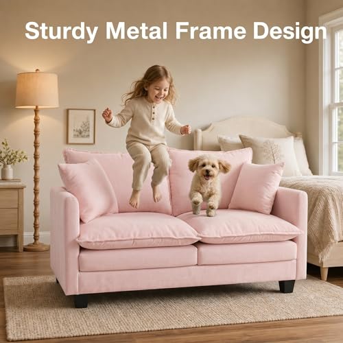 50" Love Seat, Small Cloud Sofa Couch with 2-Layer Cushion & 27" Deep Seat, 2 Pillows for Small Spaces, Bedroom, Apartment, Office, Living Room, in a Box, Pink - color: Pink, size: Loveseat