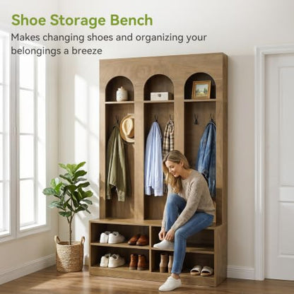 LITTLE TREE Hall Tree with Shoe Storage, Entryway Bench with Coat Rack | 6 Double Hooks, Entryway Storage Furniture, Mudroom Bench with Storage and Hooks, Farmhouse Hall Tree, Hallway Tree, Brown