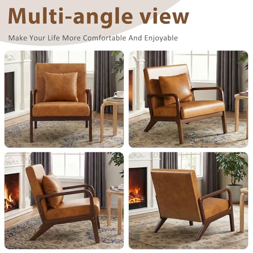 Mid Century Accent Chair w/Oak Frame Set of 2, Brown Faux Leather | Upholstered Lumbar Pillow Lounge Chair Brown Faux Leather Cozy Leisure Chair Retro Living Room Chair for Bedroom Waiting Room - color: Walnut Wood - Pu Brown, style: 2 PCS