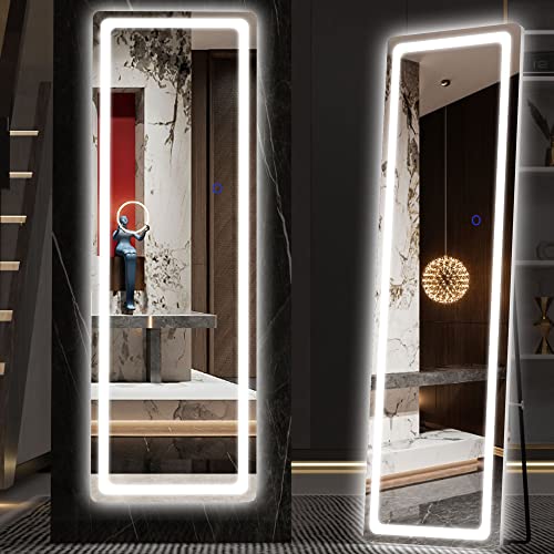 Hasipu Full Length Mirror with Lights, 56" x 16" LED Floor Mirror, Full Body Dressing Standing Mirror, Hanging Mounted Mirror for Living Room Bedroom Cloakroom, Round White