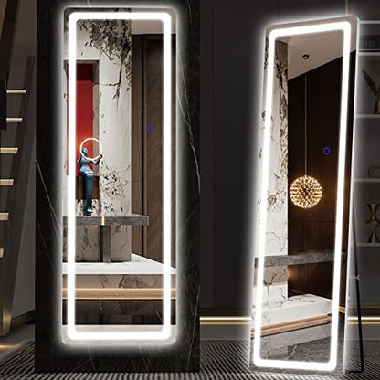 Hasipu Full Length Mirror with Lights, 56" x 16" LED Floor Mirror, Full Body Dressing Standing Mirror, Hanging Mounted Mirror for Living Room Bedroom Cloakroom, Round White