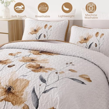 Mybedsoul Full/Queen Quilt Set Brown, 3 Pcs Fall Bedspreads & Coverlets Set | Summer Lightweight Farmhouse Botanical Bedding Set with 2 Shams, Reversible Polyester Coverlet Set for All Seasons, 96"x90" - color: Brown, size: Queen96"x90"