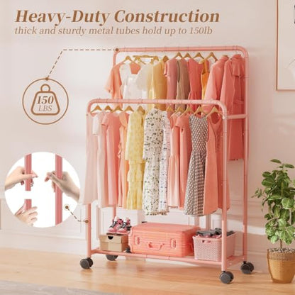 Simple Trending Clothing Clothes Rack, Double Rod Garment Rack, Pink | Portable Closet with Bottom Shelf, Anti-Slip Stoppers, 360° Lockable Wheels, Multiple Uses, Bedroom, Laundry Room - color: Pink