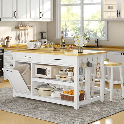 Kitchen Island with Storage and Seating Include 2 Bar Stools, Drawers,White | 47" Solid Rubberwood Top Kitchen Island with Trash Can Storage, Power Outlet, 6 Hooks, Coffee Bar Cabinet, Dining Table for 2 - color: White