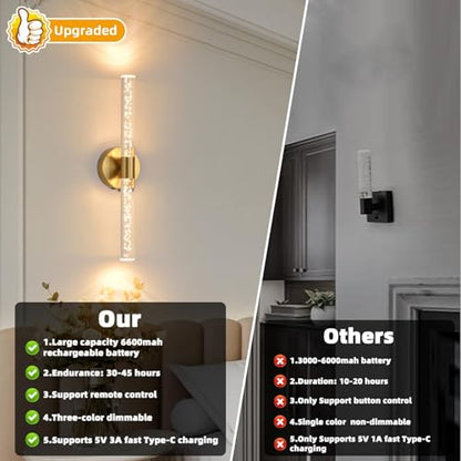 Battery Operated Wall Sconces Set of 2, Gold 20'' Rechargeable Crystal Bubble Wall Sconce with Remote Control, 3000K-6000K Dimmable LED Wireless Wall Lights for Living Room Bedroom Hallway - color: Gold