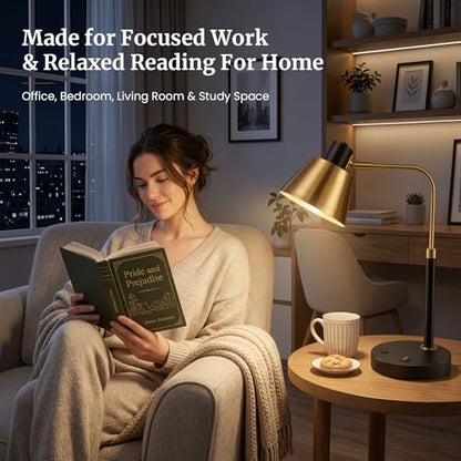 Desk Lamp with USB-C, USB-A and AC Outlet, Adjustable E26 Table Lamp for Home Office and Bedside Reading, Matte Black and Brushed Brass-Look, Bulb Not Included